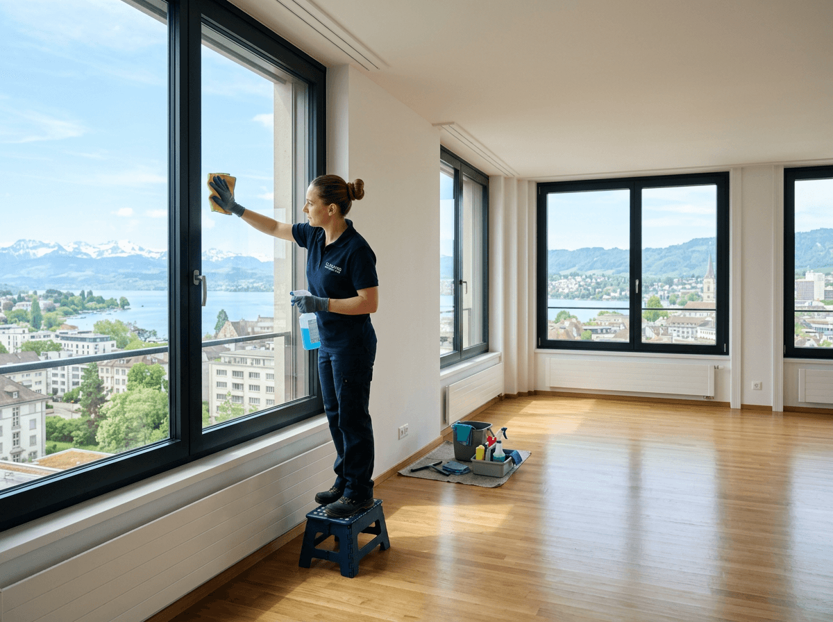 Reinigungskraft reinigt eine helle, leere Wohnung vor der Abgabe