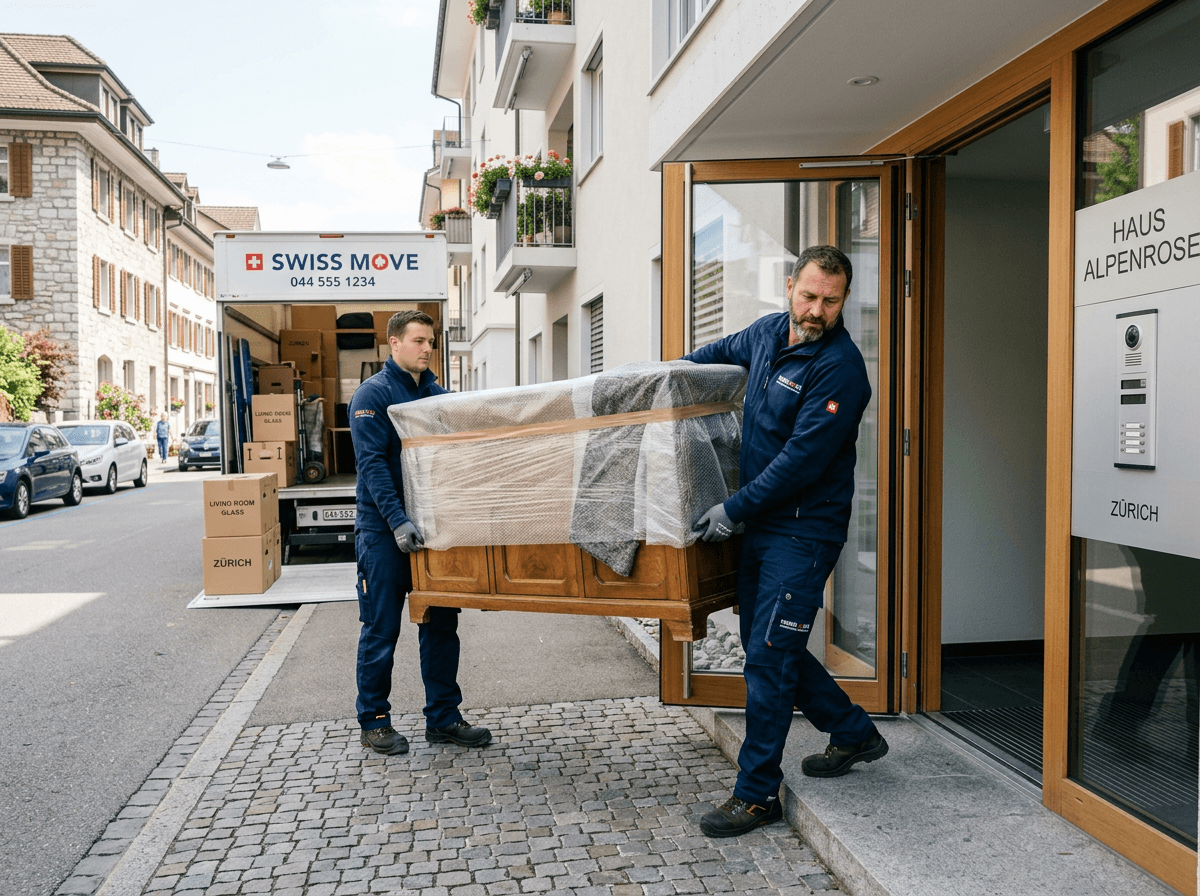 Umzugsteam trägt Kartons aus einem Wohnhaus zum Umzugswagen